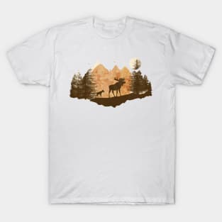 Mother moose and her cub in the mountains at sunset T-Shirt